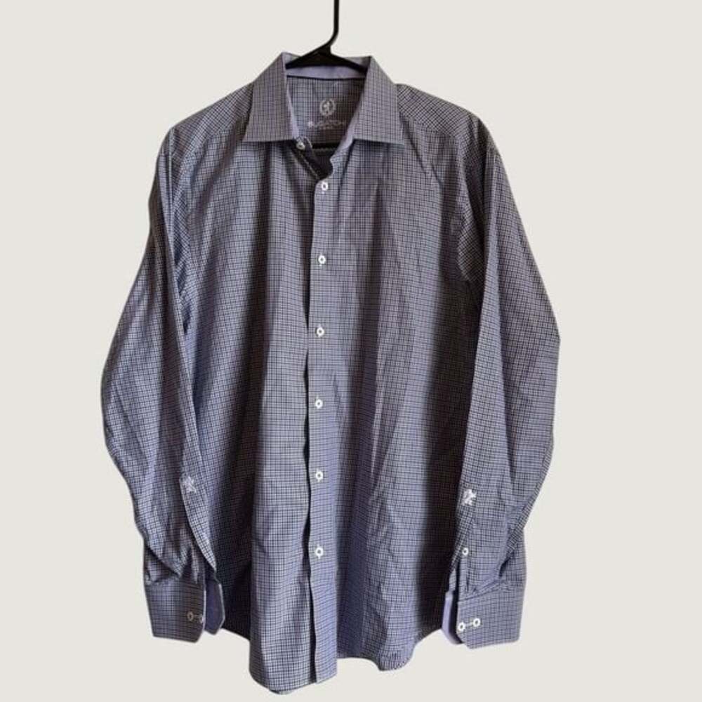 Bugatchi Uomo Button Down Shirt L Micro Check Cotton Classic Fit Purple Black
